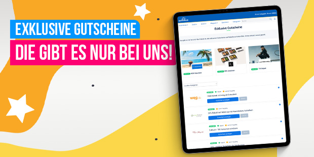 Tablet mit Webseite für exklusive Gutscheine vor gelbem Hintergrund mit weißen Sternen und Textfeldern